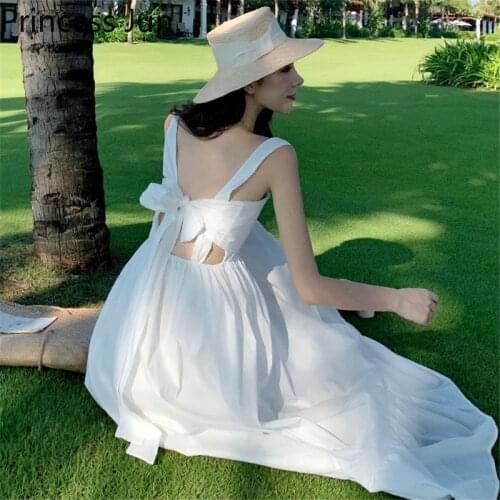 Women Summer French Holiday White Dress Retro Square Collar Bow Backless Beach Dress Sexy Spaghetti Straps Loose Dress Vestidos
