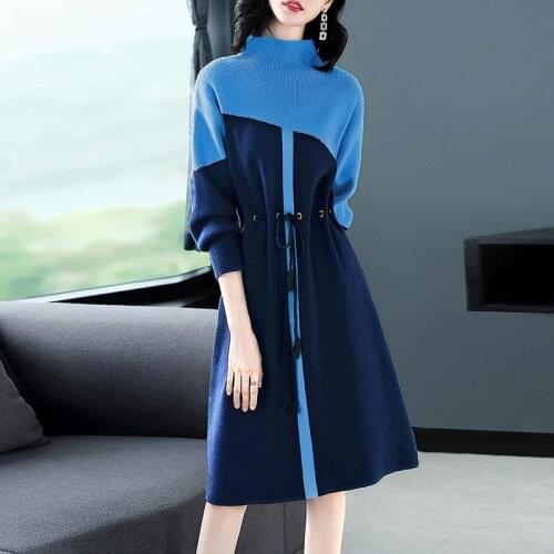 Drawstring Slim Waist Half Turtleneck Patchwork Knit A-Line Dress Women Contrast Color Knee-Length Dresses Waist Knitwear Dress