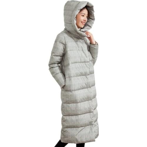 Winter long plaid thicker warm down coat female over the knee hooded single breasted with zipper fluffy warm down coat F2278