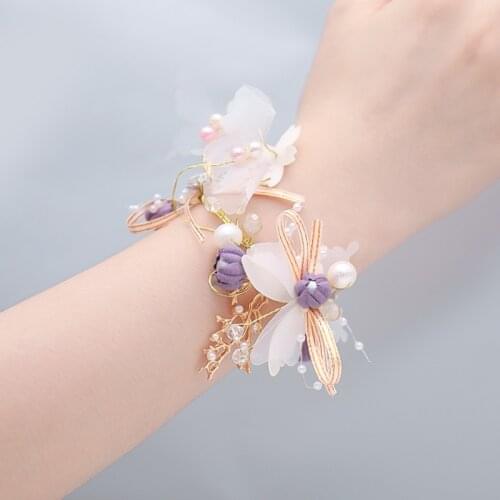 Butterfly Imitation Pearls Corsage Bracelet Fabric Hand Flowers Girls Bridesmaid Wrist Flowers Wedding Party Accessories