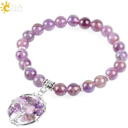 CSJA Reiki Sahasrara Chakra Stone Natural Amethys Gem Beads Strand Bracelet Jewelry Yoga Meditation Tree of Life Bracelets E873