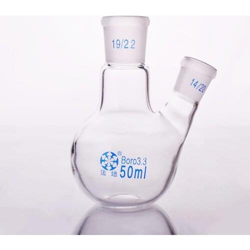 Two-necked flask oblique shape,with two necks standard ground mouth 50ml,Mid 19/22,Side 14/20,Two-necked flat bottom flask