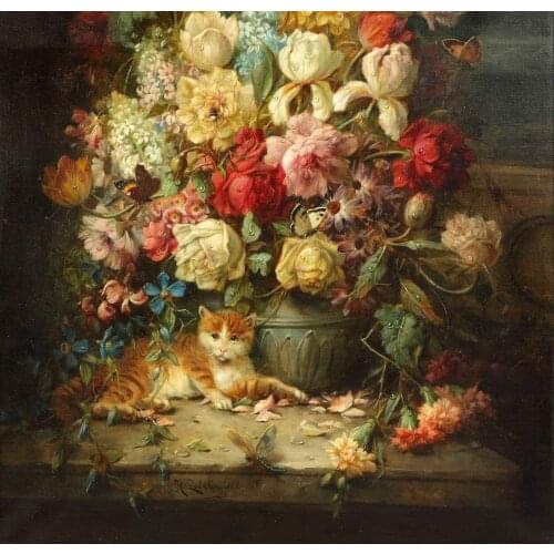 Oil Painting Cross Stitch Kits Still Life Flower Cat Needlework Embroidery Crafts 14CT Unprinted DIY Arts Handmade Home Decor