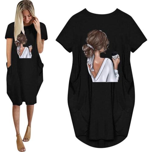 Coffee Sweet Girl Cartoon Print Women Summer Short Sleeve Dress With Pocket Ladies Fashion O Neck Long Tops Female T Shirt Dress