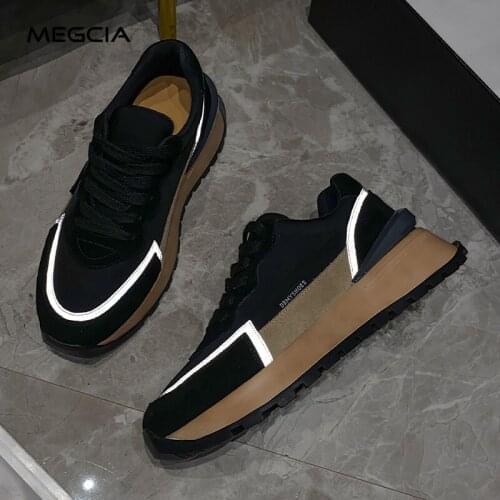 MEGCIA Luminous Black Sneakers Womens Sports Shoes Suede Flat Platform Shoes Lace Up White Casual Shoes Spring Summer 2021 M02Y