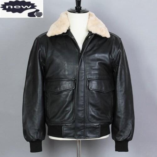 AVIREX FLY Fashion Air Force Bomber Black Genuine Jacket Men Sheepskin Fur collar Loose Real Leather Winter Coat