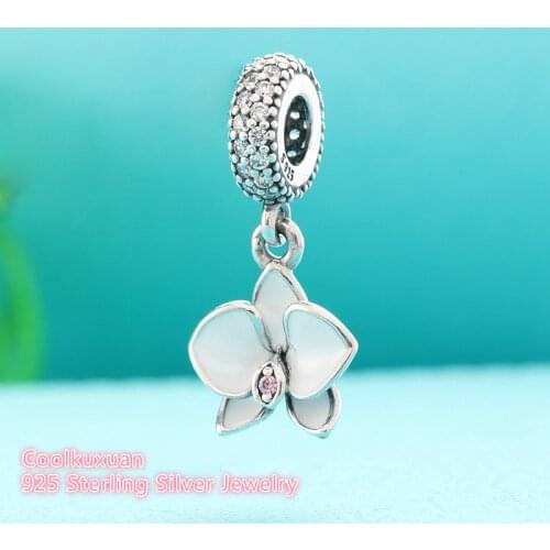 Summer White Enamel Orchid Charms Pendant Fit Pandora Bracelets Original 925 Sterling Silver Floral Beads For Jewelry Making