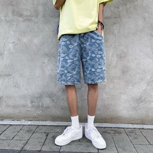 2021 summer thin tooling denim shorts mens tide brand ins printing loose trend five-point pants new wild pants breeches