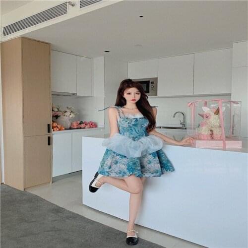 New French Palace Floral Sling Puffy Dress