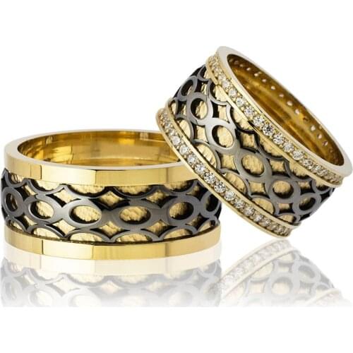 Tesbihane Infinity Pattern Motif Gold-Black Color 925 Sterling Silver Couple Wedding Rings