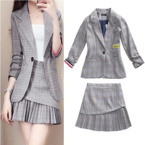 Office Lady Women Plaid Small Suit Set Single Button Blazer Jacket High Waist Pleated Skirt 2 Piece Set