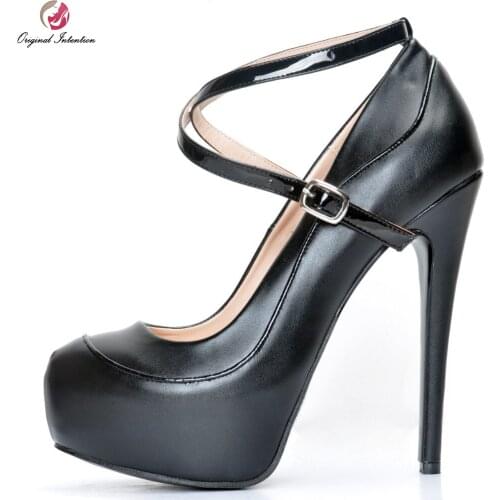 Original Intention Popular Women Pumps Fashion Platform Round Toe Thin Heels Pumps Elegant Black Shoes Woman Plus Size 4-15