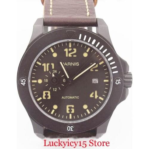 PARNIS Classic Luxury 43mm PVD Plated Automatic Men Wristwatch Sapphire Glass Date Function Self Winding Movement
