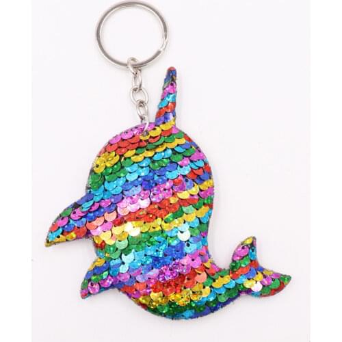 Cute Dolphin Keychain Glitter Pompom Sequins Key Chain Gifts for Women Llaveros Mujer Car Bag Accessories Key Ring Chaveiro S412
