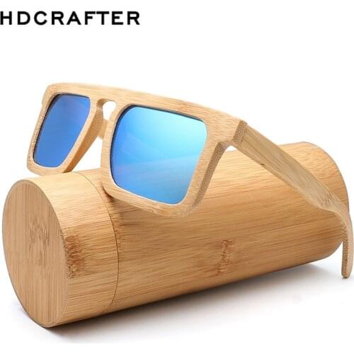 HDCRAFTER Square Women Polarized Lens Sunglasses Men Flat Top Oversized Bamboo Sun Glasses Handmade Wooden Frame Gafas de sol