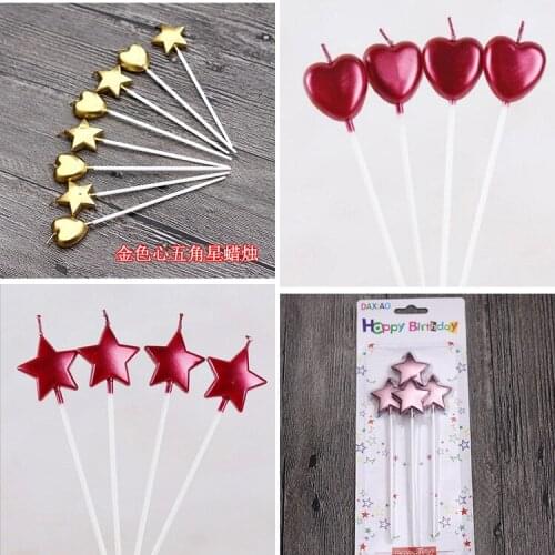 Golden heart-shaped candle five-pointed star candle long pole 4 pieces of candle heart-shaped creative childrens birthday