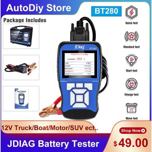 JDiag BT280 12V Professional Analyze Truck/Boat/Motorcycl SUV Battery Tester Diagnostic Tools 100 to 2000 CCA Large Color Screen
