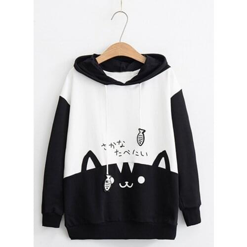 Kawaii Women Hoodies Sweatshirt Kitty Cat Print Hoodie Black White Print Pullover Top Pullover Hoodie Autumn Winter Clothes