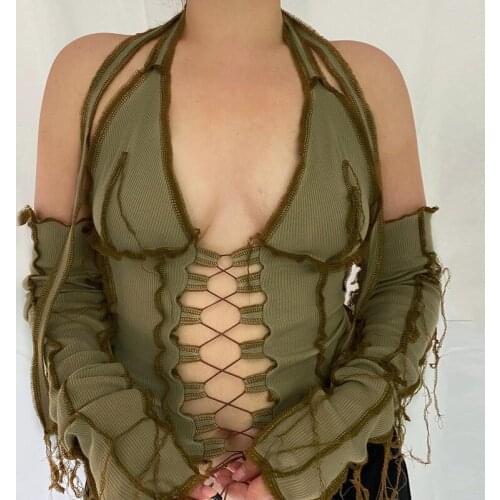 Halter Tank Top Sexy Lace Up Hollow Out Vest Summer Sleeve Separately Ruffles Tops Cropped Women Clothes Vintage Camis Crop Top