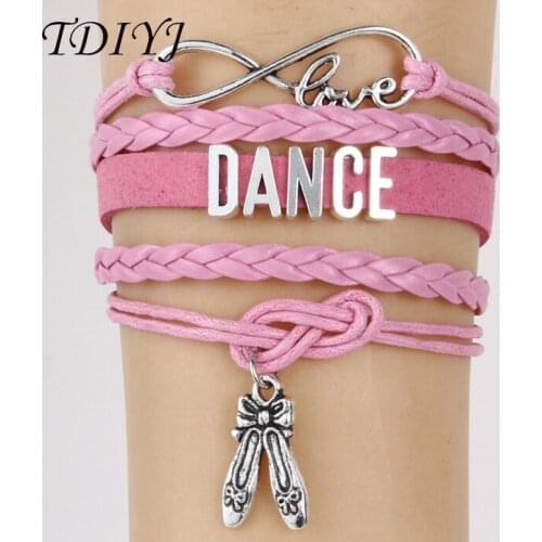 TDIYJ Women Fashion Infinity Love Twist Leather Strap Bracelet with Dance Slide Charms and Dance Shoes Pendant 6sets/lot