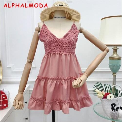 ALPHALMODA V-collar Backless High Waist Boho Holiday Short Dress Low-cut Bow Strap Elastic Waist Women Sexy Beach Vestidos
