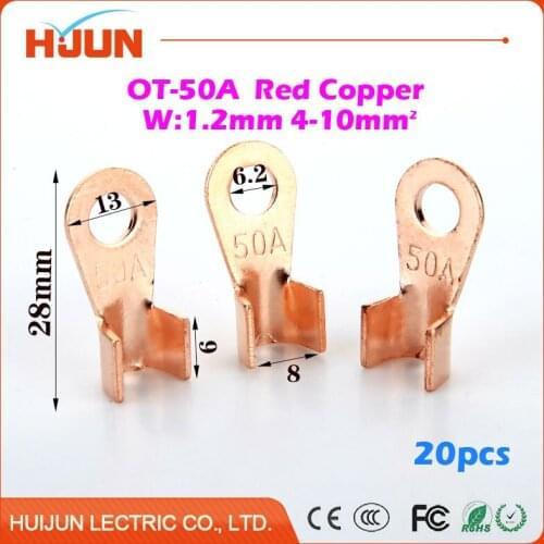 20pcs/lot OT-50A 6.2mm Dia Red Copper Circular Splice Crimp Terminal Wire Naked Connector for 4-10 Square Cable
