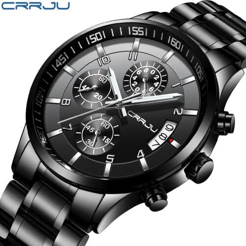 CRRJU Brand watches mens Luxury Chronograph Waterproof wrist watch Classic black Business Stainless Steel Quartz Clock For men