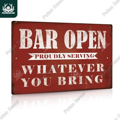 Putuo Decor Vintage "Bar Open" Aluminum Sign Plaque Metal Plate Funny Metal Sign Wall Decor for Pub Club Man Cave Bar Decoration