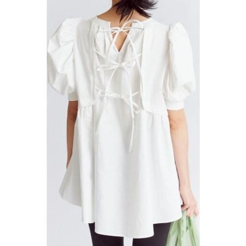 Elegant Chic Drawstring Bow Design Tshirts Sweet Fashion Puff Sleeve Women Blouses 2021 Japan Style Summer Solid Loose Tops