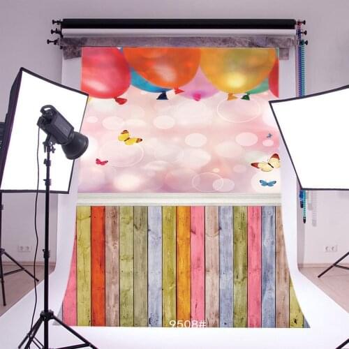 Photography Backdrops Bokeh Halos Balloon Butterfly Multicolor Paint Stripes Wood Floor Background