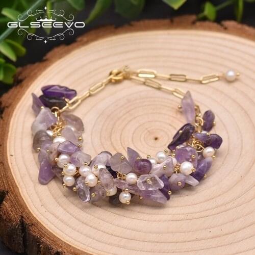 GLSEEVO Natural Amethyst Adjustable Fashion Bracelet For Women Engagement Statement Bangle Handmade Luxury Fine Jewelry GB0943