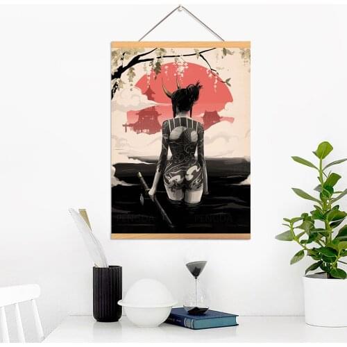 Canvas Home Decoration Japanese Vintage Poster Print Pictures Warrior Wall Art Wooden Scroll Hanging Painting Bedside Background