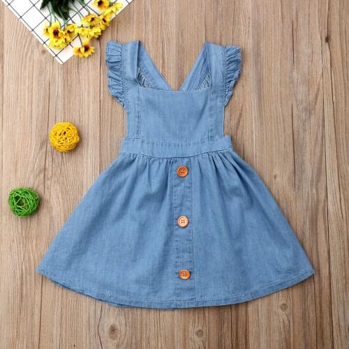 Cute Toddler Kids Baby Girls Princess Party Dress Button Denim Backless Bandage High Waist Dresses Summer Sundress for 1-6Years