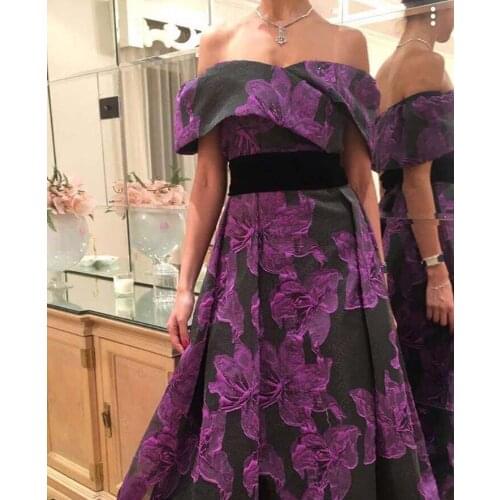 Fashion Off the Shoulder Black and Purple Pleated Belt Floor Length Prom Dresses 2019