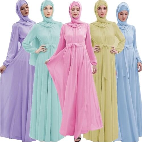 Fashion Muslim Women Long Sleeve Maxi Dress Chiffon Party Dresses Pleated Kaftan Islamic Turkey Prayer Robe Gown Ramadan Arab