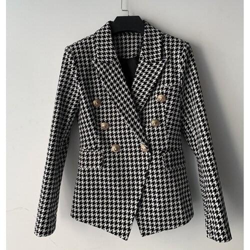 Cotton New 2021 Women Jacket Plaid Casual Double-Breasted Metal Lion Plover Small Suit Slim Office Lady Clothes Plus size S-3Xl