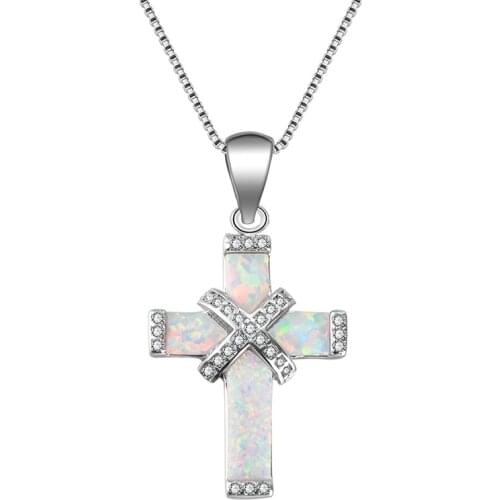 Carofeez Charm Women Cross Necklace White/Blue Imitation Fire Opal Zircon Pendants Necklaces Jewelry Accessories Girl Gift