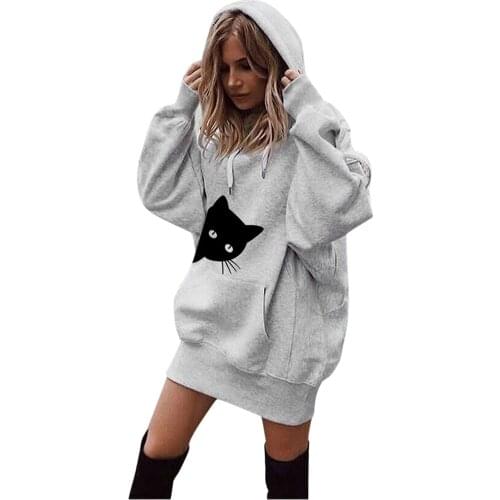 Streetwear Oversize Long Sweatshirt Dress Womens Harajuku Kawaii Cat Print Hooded Mantle Long Sleeve Winter Warm Hoodie Pullover