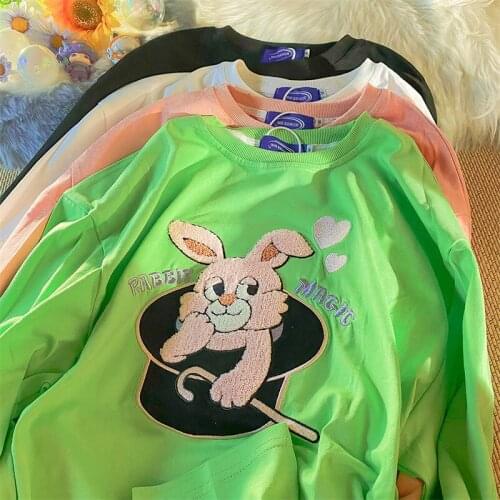 Streetwear Harajuku Hip Hop Rabbit Embroidery Cartoon Long Sleeve Tops 2021 New Japanese Fashion Teens Clothes O-neck Casual