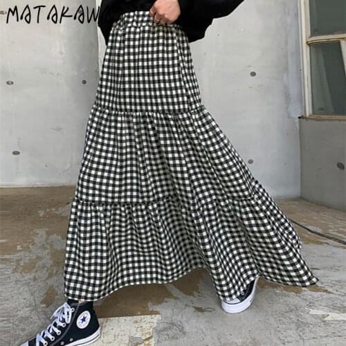 Matakawa Skirts Autumn Winter Korean Fashion Elastic Waist Cake Faldas Largas Office Ladies Plaid Loose Casual Long Skirt Woman