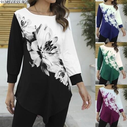 WIRELESS AGE T Shirt Women Long Sleeve Round Neck 3D Flower Printed Splicing Loose Casual Hem Womens Tops Summer Fashion Wild