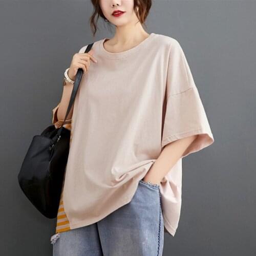 Oversized Women Cotton Casual T-shirts New Arrival 2021 Summer Simple Style Patchwork Striped Loose Female Tops Tees B874
