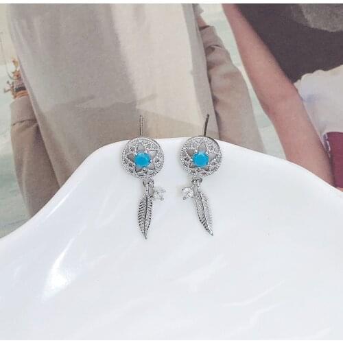 Dreamcatcher blue Tur-quoise earrings woman 100% 925 Sterling silver Jewelry fashion Hypoallergenic Stud earrings for women gift