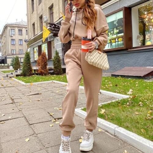 Women Fleece Letter Two Piece Set Casual Loose Female Tracksuits Hoodies Long Sleeve Shorts Sweatshirt And Jogging Pants Suits