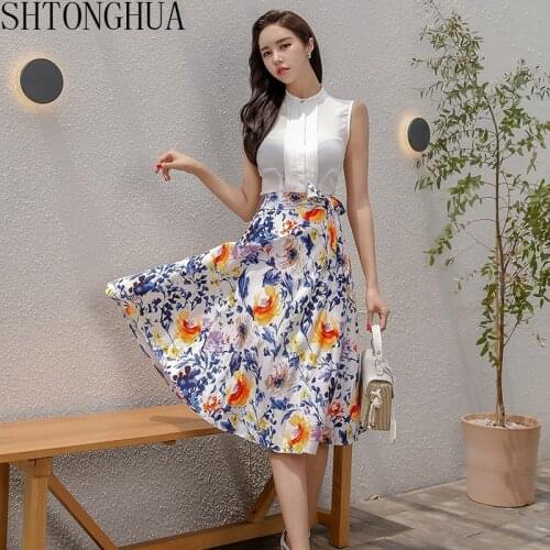 2020 Summer Sexy Womens Two Pieces Suits Stand Collar Sleeveless white Shirt Crop Top + High waist Lace Up Print Skirt Work Set