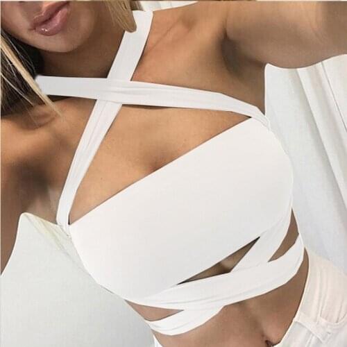 Women Summer Sexy Criss Cross Halter Bandage Crop Top Tank Cut Out Bustier Cami