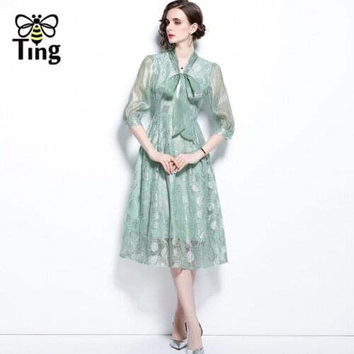 Tingfly Vintage Elegant Princess Leaf Lace Midi Long Party Dinner Dresses Women Summer Fashion Bowknot Collar A Line Casual Robe
