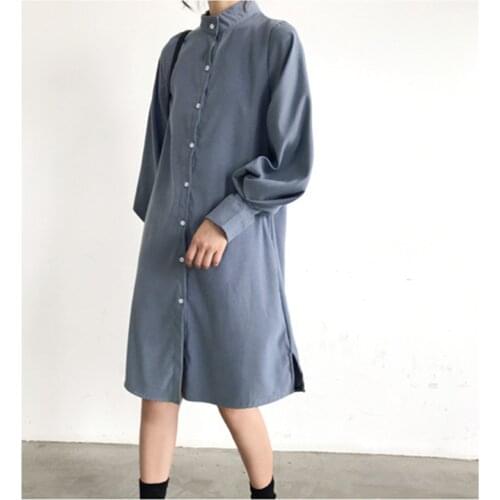 2021 Spring & Autumn New Simple Solid Retro Stand-up Collar Dress Casual Loose Thin Temperament Women Shirt Dress Free Shipping