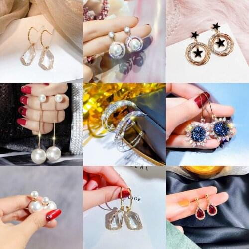 2021 Korean Earings Crystal Opal Earrings Geometric Pendant Bride Wedding Patty Jewelry Gift Earrings for Women