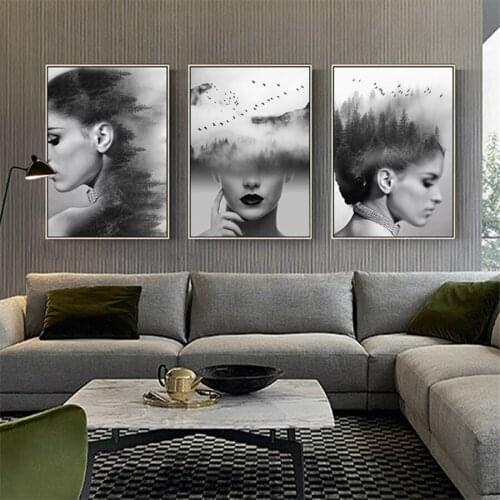 Abstract Beautiful Forest Girl Black and White Painting Canvas Wall Art Posters Print Pictures Modern Picture For Living Room